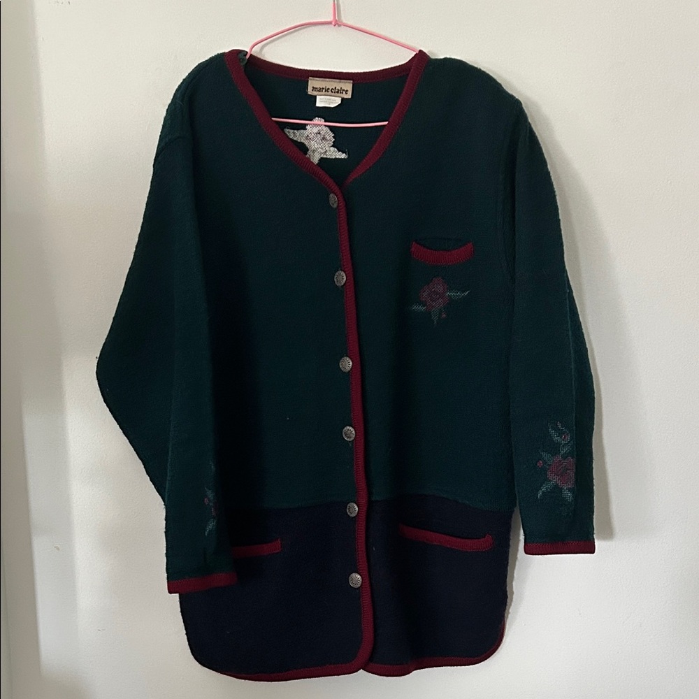 Marie Claire Dark Green and Burgundy Cardigan
